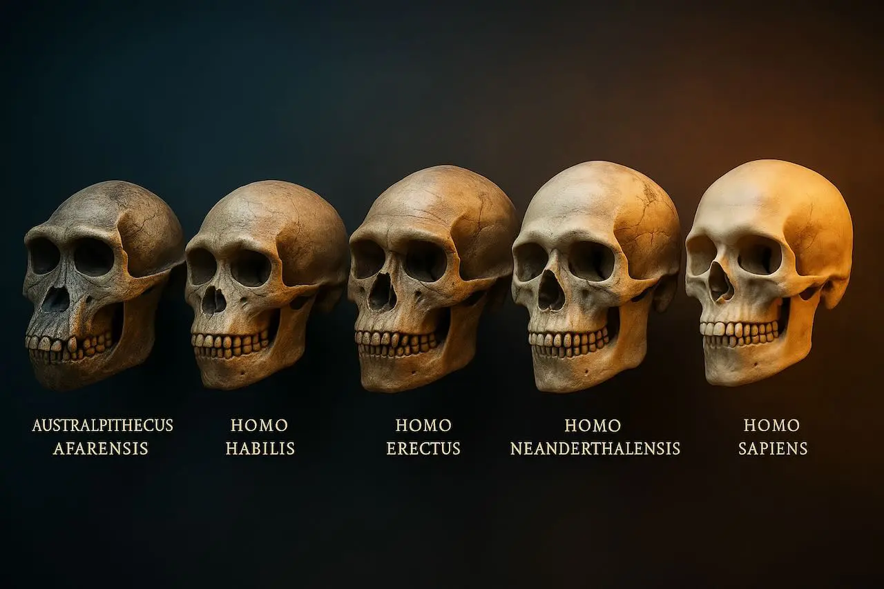 Five hominid skulls showing evolutionary differences.